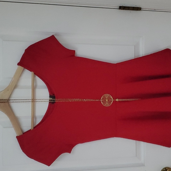 Dressy, short sleeve top with gold necklace, Color: Red - Picture 2 of 7